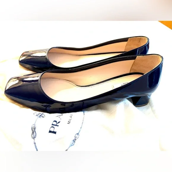 Prada Navy Patent Leather Block Heels Low Heel Square Toe with Bag - Size 38.5 - Picture 2 of 8